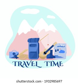 Time to travel and relax in nature. A set of elements and text on the background of mountains. Banner for tourism.