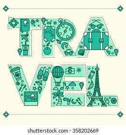 Time to Travel. Retro Lettering with Outline Style Travelling Elements