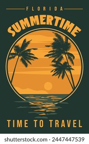 Time To Travel Retro Poster Florida. Tropical coast beach, palm