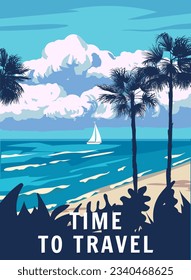 Time To Travel Retro Poster. Tropical coast beach, sailboat, palm, surf, ocean. Summer vacation holiday