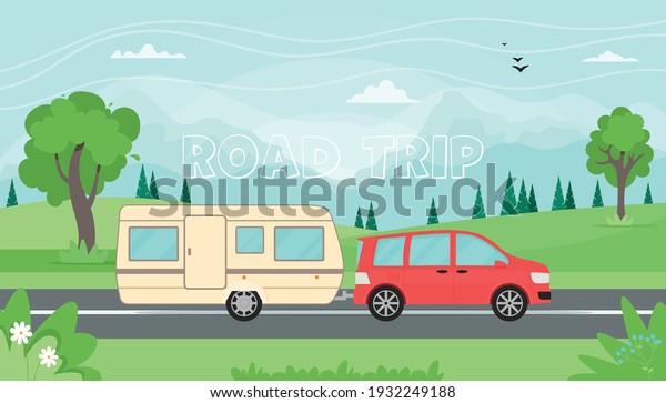 Time to travel, road trip concept.\
Travelling by car with travel trailer in the mountains. Spring or\
summer landscape. Vector illustration in flat\
style