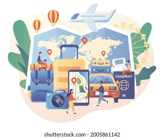 Time to travel. Road trip. Tiny people planning vacation. Tourism. Trip to world. Tour. Suitcase, world map and tourism set. Modern flat cartoon style. Vector illustration on white background