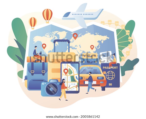 Time to travel. Road trip. Tiny people\
planning vacation. Tourism. Trip to world. Tour. Suitcase, world\
map and tourism set. Modern flat cartoon style. Vector illustration\
on white background
