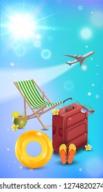 Time To Travel Sale Poster for Advertisement with Travelling 3D Realistic Items Such as bag, chaise lounge, Sunglasses, inflatable ring, flip flops, coconut coctail, plane on beach sunny Background.