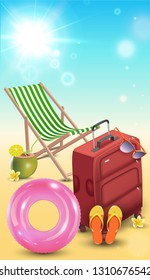 Time To Travel Sale Poster for Advertisement with Travelling 3D Realistic Items Such as bag, chaise lounge, Sunglasses, inflatable ring, flip flops, coconut coctail on beach sunny Background.
