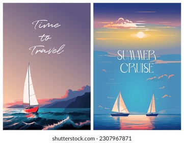 Time to travel, sea adventures. Sailing yacht in the sea at sunset. Vertical Orientation. Vector set for covers, prints, posters