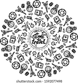 Time to travel. Set doodles. Eiffel tower, camera, air balloon, suitcase, compass, lifebuoy, drink, plane