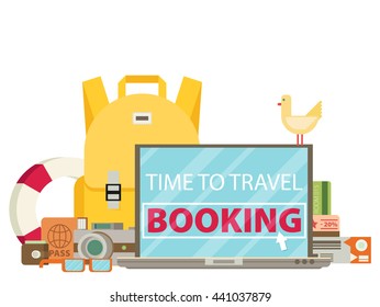 Time to Travel. Set of Travel Equipment. Flat Design Style.