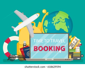 Time to Travel. Set of Travel Equipment. Flat Design Style.