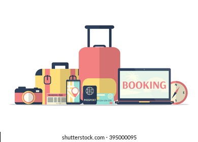 Time to Travel. Set of Travel Equipment- map, smartphone, camera, compass, passport, luggage, lap top. Flat Design Style.