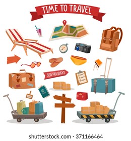 Time to Travel. Set of Holidays Summertime Elements with Baggage, Swimming Accessories and Map. Vector illustration