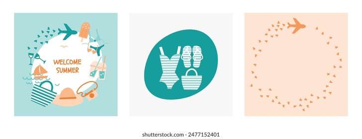 Time to travel. Set of Invitation, frame and welcome card with welcome summer lettering - vector illustration. Catch the summer vibe concept.