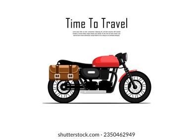 Tiempo de viaje, Vista lateral de la motocicleta personal con bolsa en el fondo aislado, Ilustración vectorial.