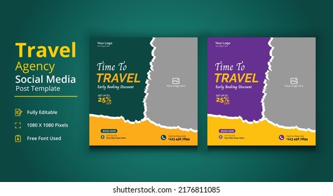 Time To Travel Social Media Template, Travel Agency Social Media Post Template, Travel Social Media Banner Post