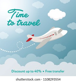 Time to travel. Square banner contains plane, clouds. Discount.