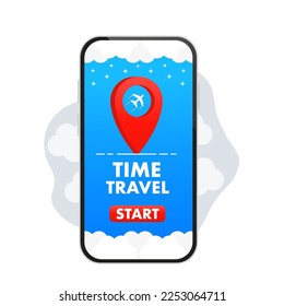 Time travel start. Alarm clock with last minute offer. Last minute offer one day sales. Last minute chance .Time Travel, planet, location. The plane drew. Hand drawn. Vector illustration