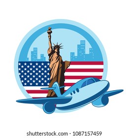 Time of travel. Statue of Liberty. Aircraft. City of New York.