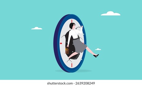 time travel to a successful future, time management concept, evolution or transformation for the better, productivity or efficiency, businesswoman jumps through the clock into the future
