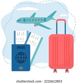 Time to travel. Suitcase, passport ticket, plane. Flat style. Vector illustration 