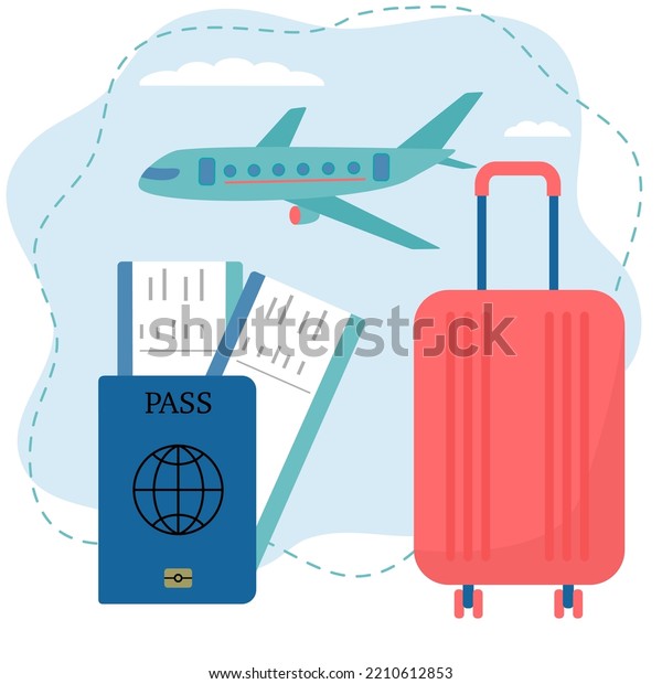 Time to travel. Suitcase, passport ticket,\
plane. Flat style. Vector illustration\
