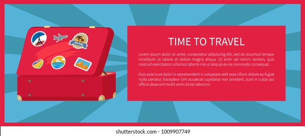 Time to travel suitcase, poster with baggage and stickers of Egypt and flag of France, plane and palms, with text sample and title vector illustration