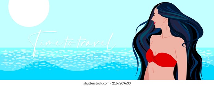 Es hora de viajar. Cartel de verano para el encabezado del sitio con la imagen de una chica con el pelo largo negro en un traje de baño al fondo del mar. Turismo, recreo, publicidad de vales turísticos