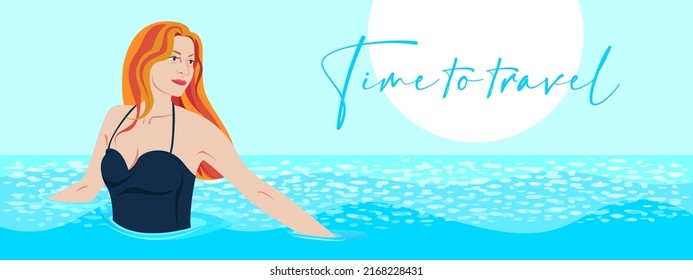 Time to travel. Summer banner for the website header with a picture of a girl swimming in the sea. Tourism, recreation, travel package advertising. Vector illustration