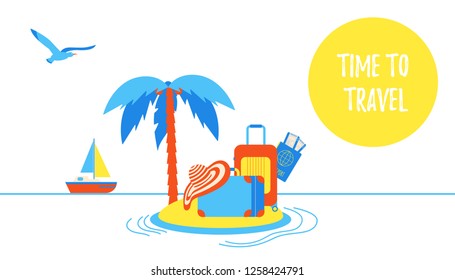 Time to travel summer beach holiday vacation poster or banner flat style design vector illustration concept isolated white background. Text, island, beach hat, luggage suitcase, pasport, tickets signs