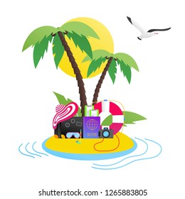 Time to travel summer beach holiday vacation poster or banner flat style design vector illustration concept isolated white background. Text, island, beach hat, luggage suitcase, pasport, tickets signs