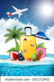 Time to travel summer beach holiday vacation poster or banner realistic  design vector illustration concept.  luggage suitcase, pasport, tickets signs, Island is surrounded, Sea, Beach, Umbrella