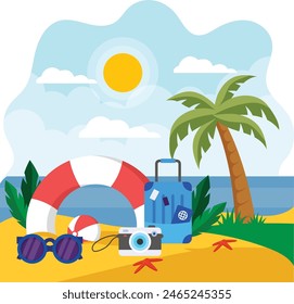 Time to travel summer beach holiday vacation concept, adventure Travel agency banner vector colorful design, Nature and landscape postcard, Scenic warm Vibes Sign, Idyllic Remote Resort  illustration