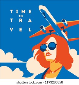 Time to Travel and Summer Holiday poster. Airplane Traveling template poster, badge, vector illustration. Vacation poster with lettering.