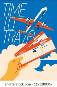 Time to Travel and Summer Holiday poster. Airplane Traveling template poster, badge, vector illustration. Vacation poster with lettering.