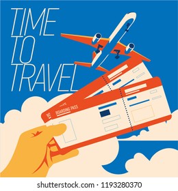 Time to Travel and Summer Holiday poster. Airplane Traveling template poster, badge, vector illustration. Vacation poster with lettering.