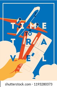 Time to Travel and Summer Holiday poster. Airplane Traveling template poster, badge, vector illustration. Vacation poster with lettering.