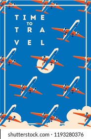 Time to Travel and Summer Holiday poster. Airplane Traveling template poster, badge, vector illustration. Vacation poster with lettering.