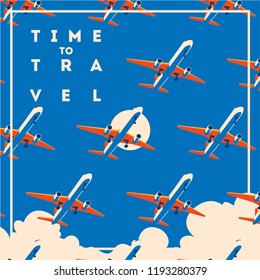 Time to Travel and Summer Holiday poster. Airplane Traveling template poster, badge, vector illustration. Vacation poster with lettering.