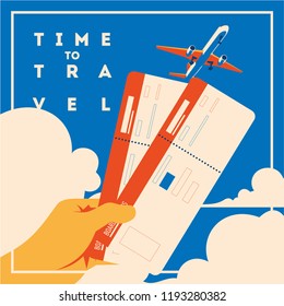 Time to Travel and Summer Holiday poster. Airplane Traveling template poster, badge, vector illustration. Vacation poster with lettering.