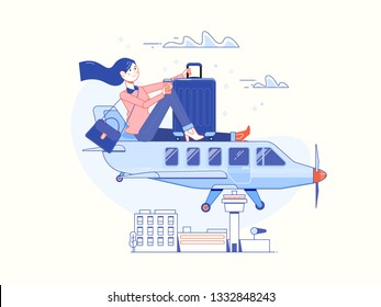 Time to Travel and Summer Holiday poster. Airplane Traveling template poster, badge, Line art vector illustration.