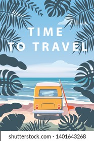 Time to travel Summer holidays vacation seascape landscape ocean sea beach, coast, palm leaves. Bus surfboard, retro, tropical leaves, palm trees, template, vector, banner, poster, illustration