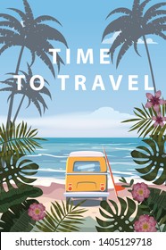 Time to travel Summer holidays vacation seascape landscape ocean sea beach, coast, palm leaves. Bus surfboard, retro, tropical leaves, palm trees, template, vector, banner, poster, illustration, isola