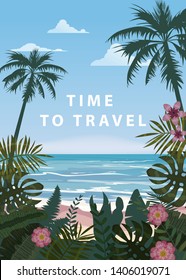 Time to travel Summer holidays vacation seascape landscape seascape ocean sea beach, coast, palm leaves. Retro, tropical leaves, palm trees, template, vector, banner, poster, illustration, isolated