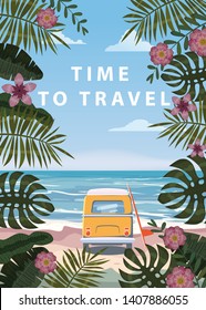 Time to travel Summer holidays vacation seascape landscape ocean sea beach, coast, palm leaves. Bus surfboard, retro, tropical leaves, palm trees, template, vector, banner, poster, illustration, isola