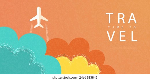 Time to travel. Summer minimalist poster with airplane in the clouds. Modern flat design with grainy texture. Horizontal background for banner, web site, cover, presentation and other. Vector