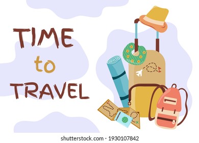 Time to travel, summer vacation, beach rest. Set of travel items for recreation. Objects for travelling around the world. Vector flat background and objects illustrations.