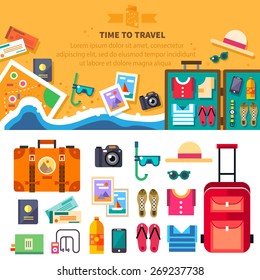 Time to travel, summer vacation, beach rest: sun, sea, waves, mask, hat, open suitcase, clothes, shoes, passport, tickets, map. Vector flat background and objects illustrations