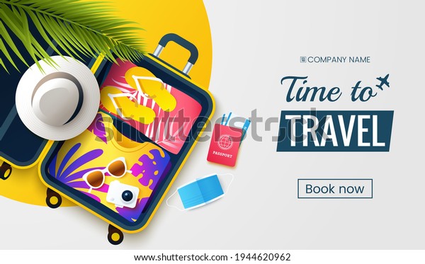 Time to travel. Summer vacation flat lay vector\
illustration. Open suitcase with stuff, protective face mask and\
accessories. Preparation for seasonal vacations. Traveling promo\
banner design.
