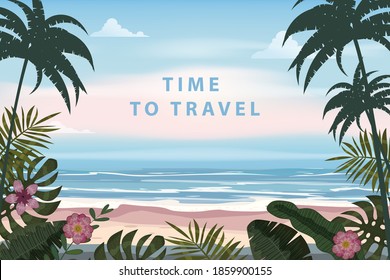 Time To Travel Summer Vacation Poster Retro. Seascape beach palms seachore tropical ocean, vector, illustration vintage banner