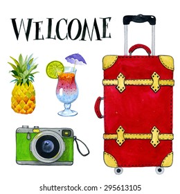 Time to travel, summer vacation and tourism background. Watercolor hand drawing painting. Scrap-booking elements. Red travel suitcase with wheels realistic.