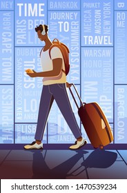 Time to travel. Summer Vacation. A Treveller in an airport. Around the world. Vector flat modern poster.